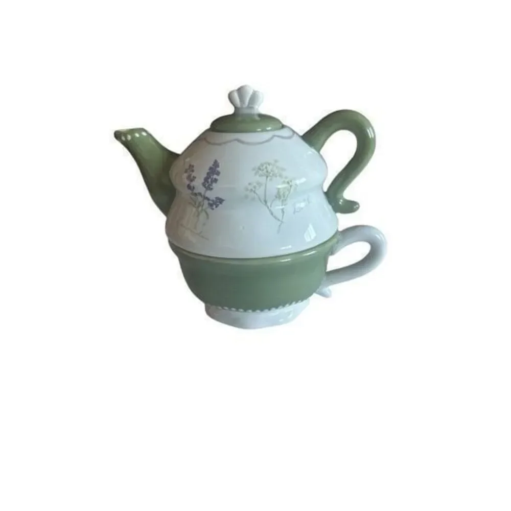 Sonoma Tea set for 1 Stacked Teapot Teacup Herbs Herb Garden 3 pc green/beige